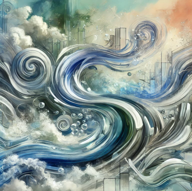 mixed-media-inspired image combining flowing glass and fabric elements. It captures the dynamic motion of a river, representing market forces and adaptability through fluid, intertwined shapes.